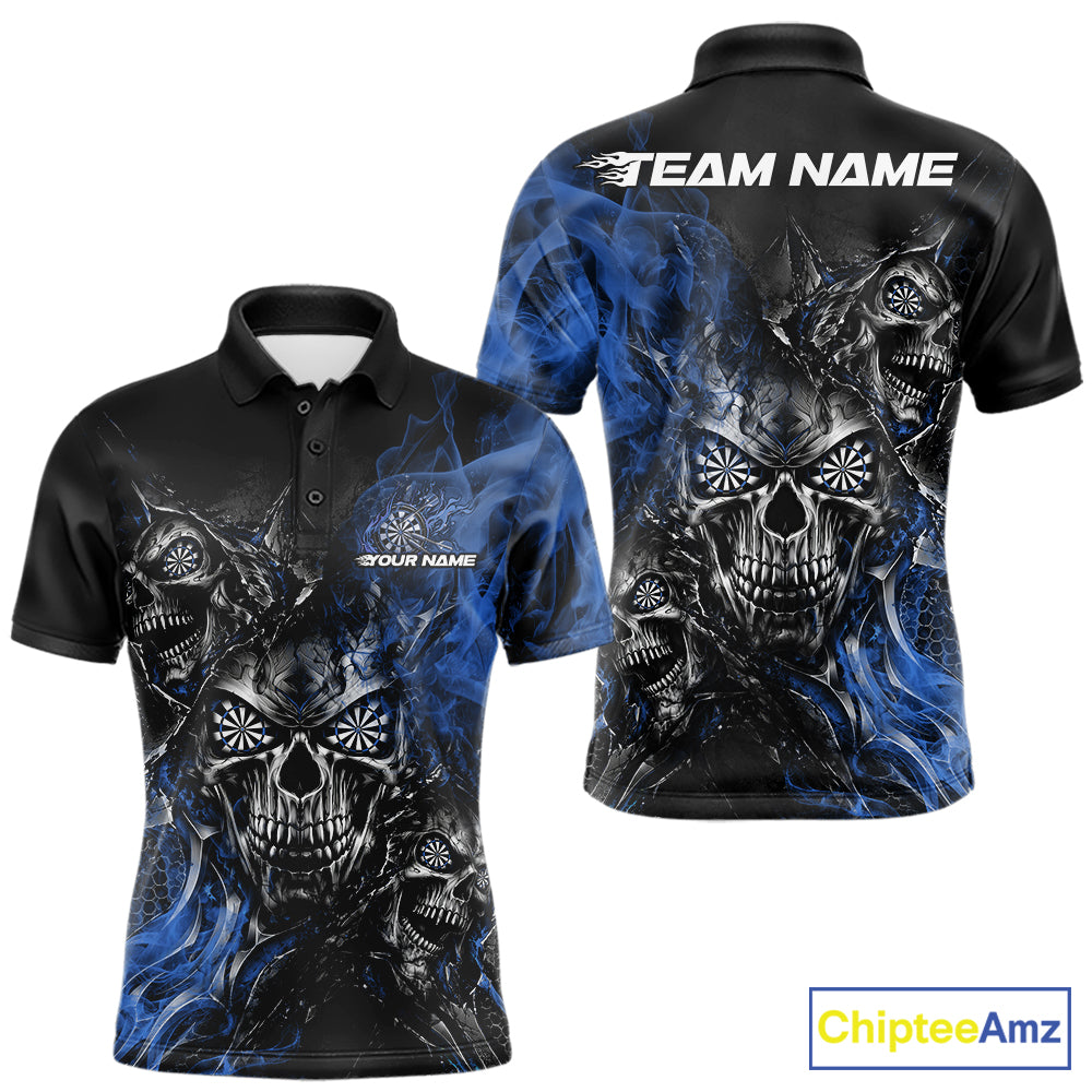 Custom Black And Blue Flame Skull Dart Jersey Dart Team Men Polo Shirt Halloween Outfit IPHW12635