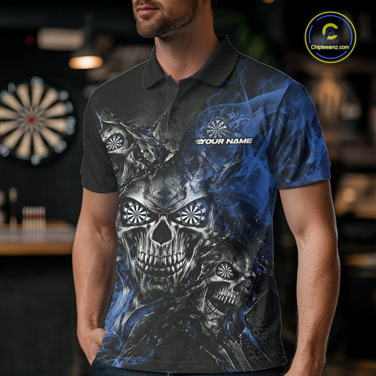 Custom Black And Blue Flame Skull Dart Jersey Dart Team Men Polo Shirt Halloween Outfit IPHW12635