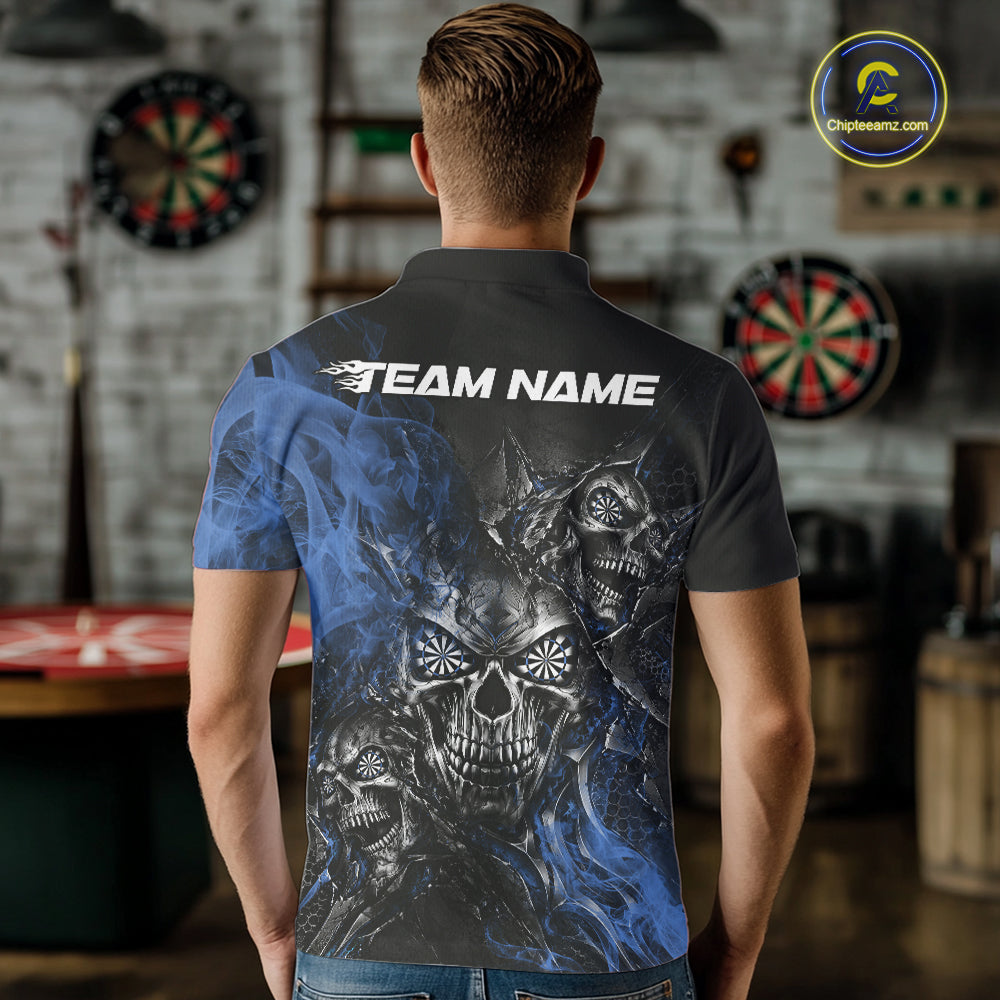 Custom Black And Blue Flame Skull Dart Jersey Dart Team Men Polo Shirt Halloween Outfit IPHW12635