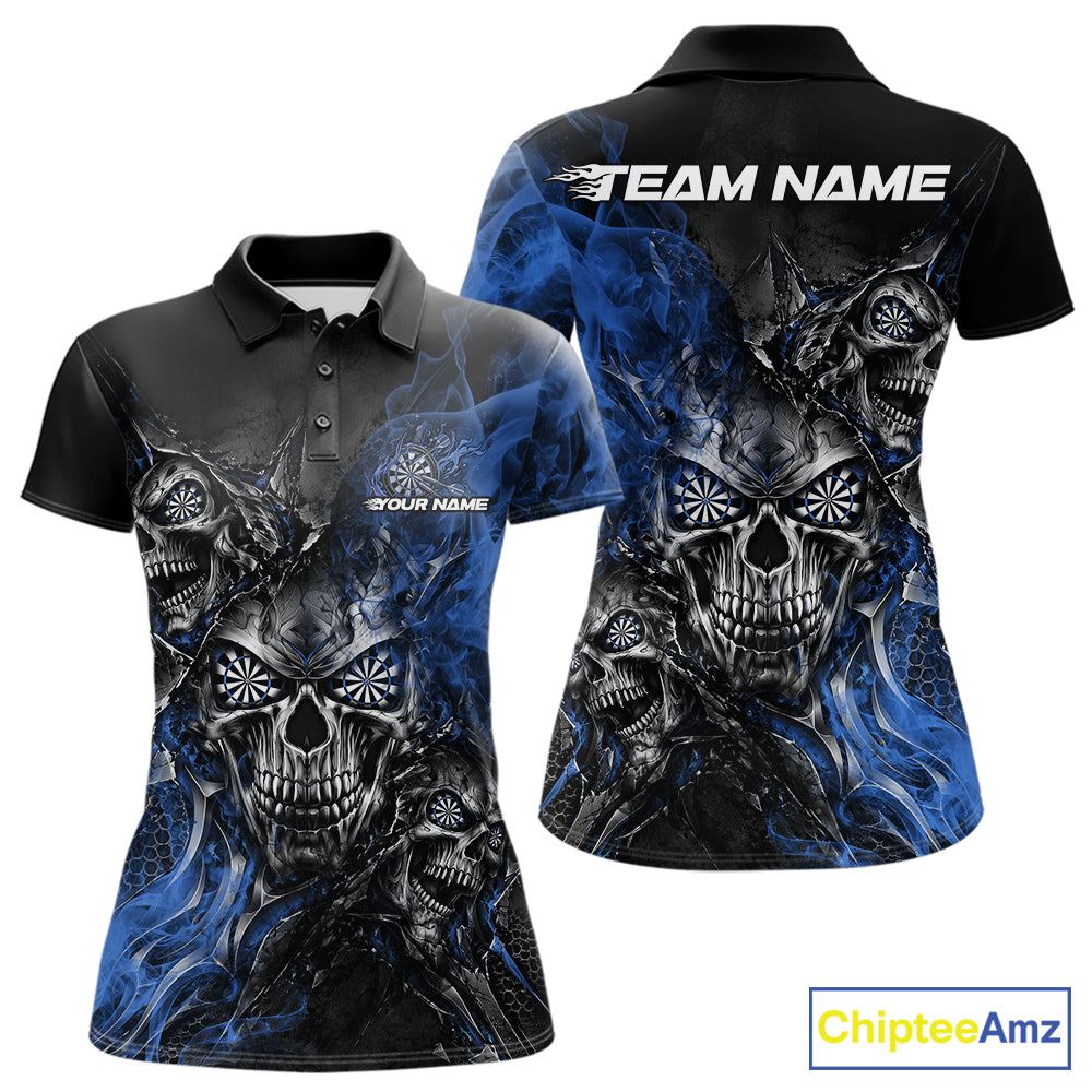 Custom Black And Blue Flame Skull Dart Jersey Dart Team Women Polo Shirt Halloween Outfit IPHW12635