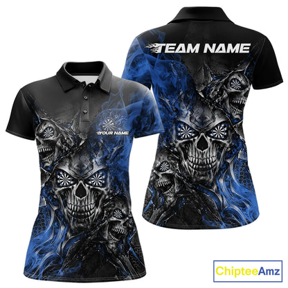Custom Black And Blue Flame Skull Dart Jersey Dart Team Women Polo Shirt Halloween Outfit IPHW12635
