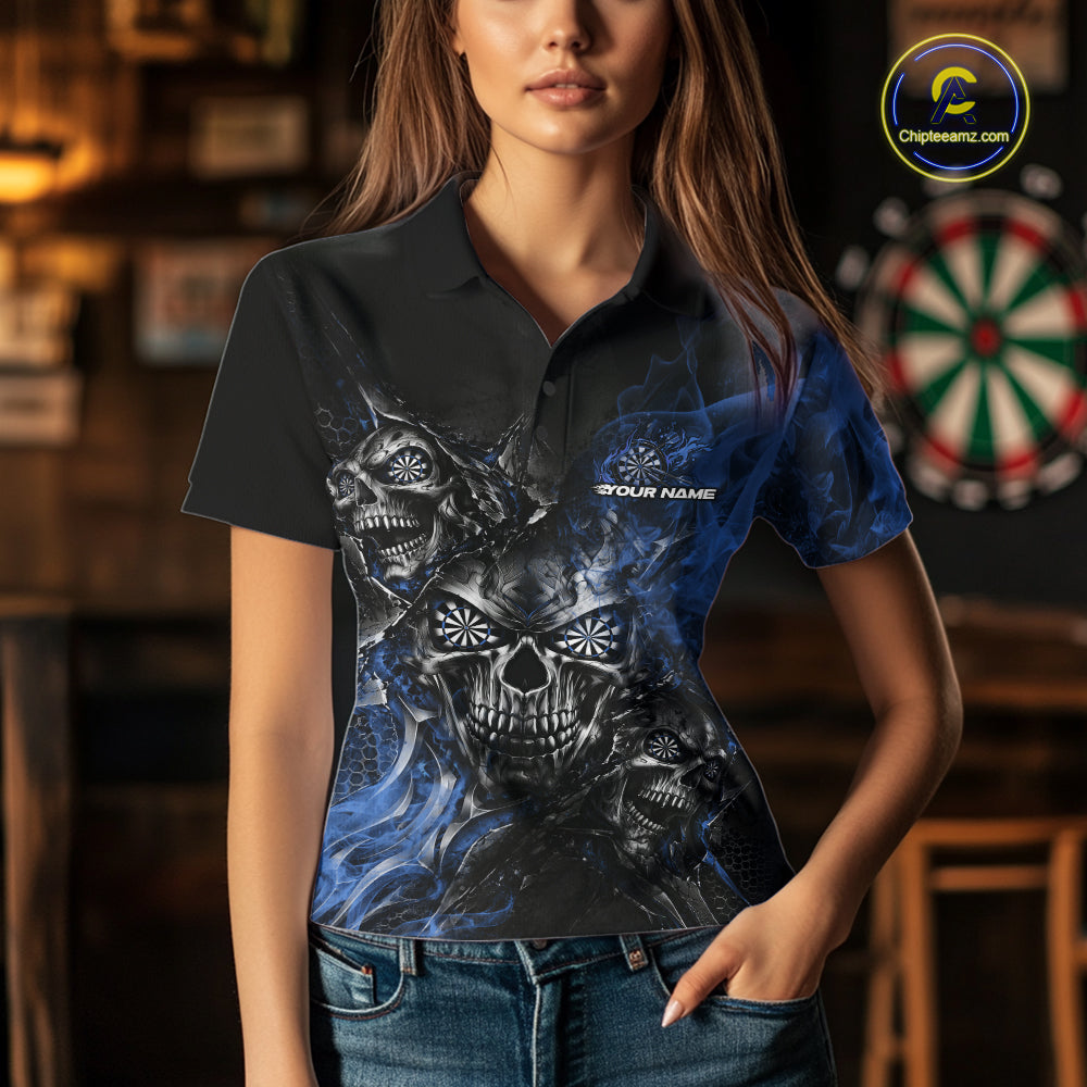 Custom Black And Blue Flame Skull Dart Jersey Dart Team Women Polo Shirt Halloween Outfit IPHW12635
