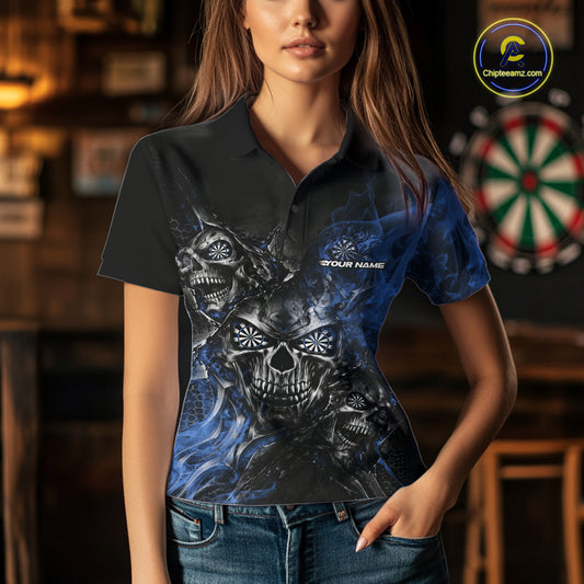 Custom Black And Blue Flame Skull Dart Jersey Dart Team Women Polo Shirt Halloween Outfit IPHW12635