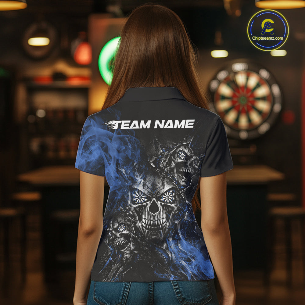 Custom Black And Blue Flame Skull Dart Jersey Dart Team Women Polo Shirt Halloween Outfit IPHW12635