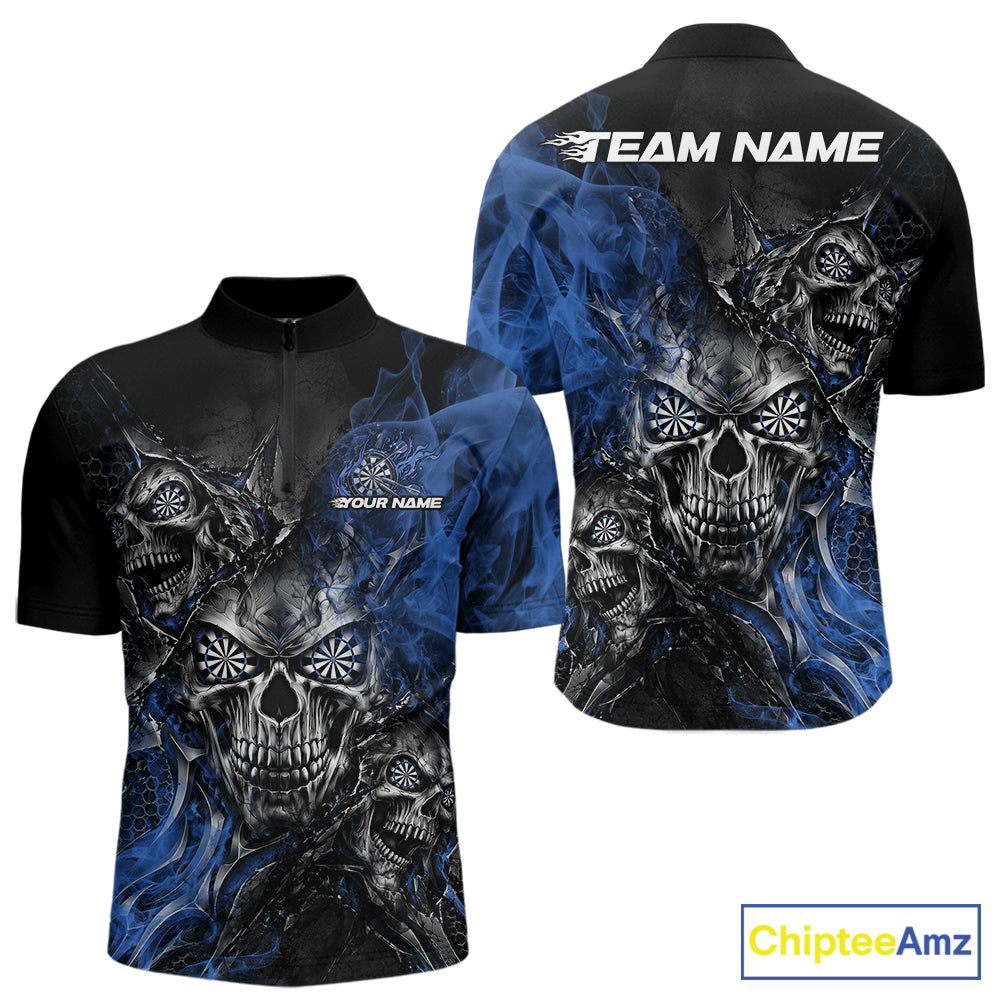 Custom Black And Blue Flame Skull Dart Jersey Dart Team Men Quarter Zip Shirt Halloween Outfit IPHW12635