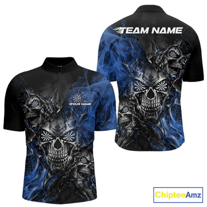Custom Black And Blue Flame Skull Dart Jersey Dart Team Men Quarter Zip Shirt Halloween Outfit IPHW12635