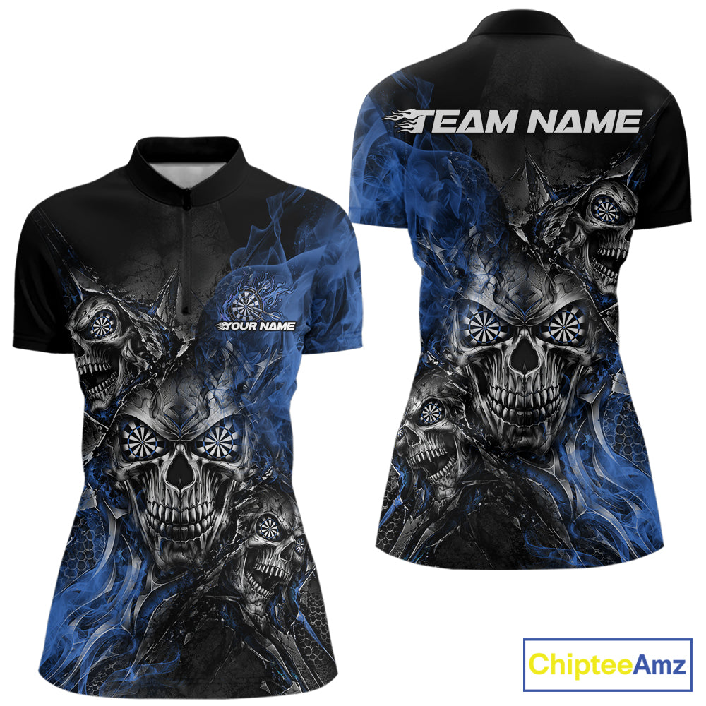Custom Black And Blue Flame Skull Dart Jersey Women Quarter-Zip Shirt Halloween Outfit IPHW12635
