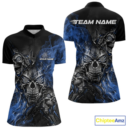 Custom Black And Blue Flame Skull Dart Jersey Women Quarter-Zip Shirt Halloween Outfit IPHW12635