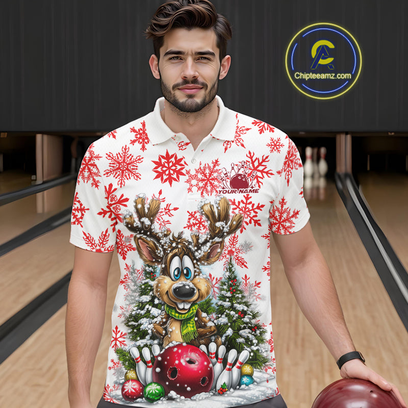 Custom Cute Funny Reindeer Christmas Bowling Men Polo Shirts, Xmas Team Bowling Shirt IPHW10113