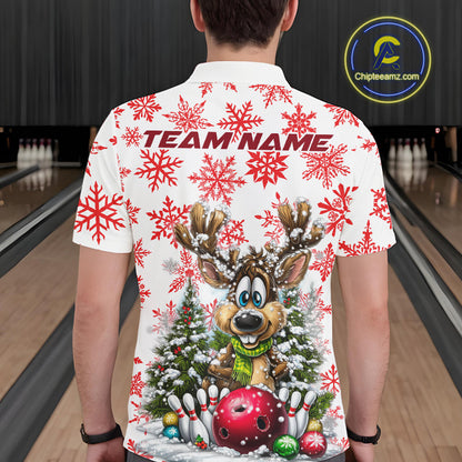 Custom Cute Funny Reindeer Christmas Bowling Men Polo Shirts, Xmas Team Bowling Shirt IPHW10113