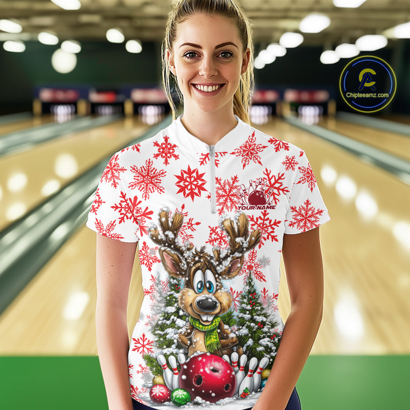 Custom Cute Funny Reindeer Christmas Bowling Women Quarter-Zip Shirt, Xmas Bowling Shirt IPHW10113