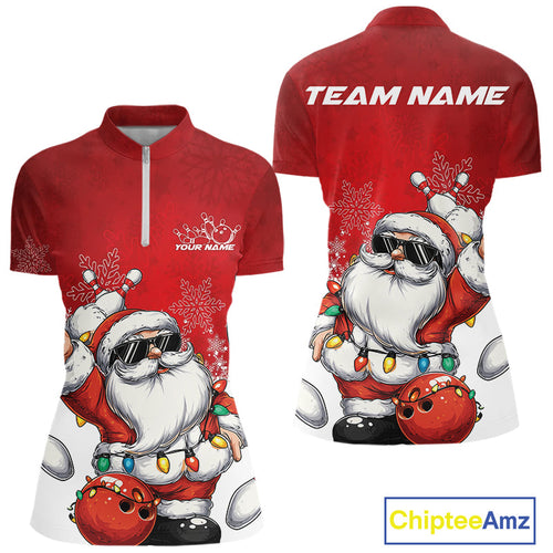 Custom Funny Santa Claus Christmas Bowling Women Quarter-Zip Shirts, Xmas Bowling Outfit IPHW10116