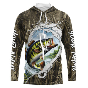 Custom Largemouth Bass Long Sleeve Hooded Tournament Fishing Shirts, Camo Fish Hook Bass Jerseys IPHW8150