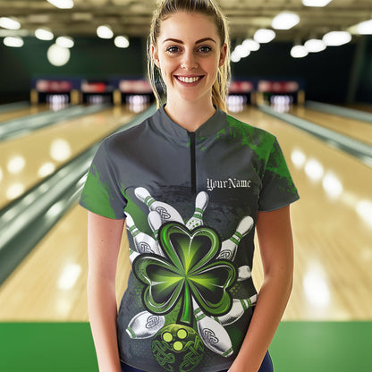 Custom Celtic Shamprock St Patricks Bowling Womens Quarter-Zip Shirt, Lucky Bowling Jerseys IPHW8590