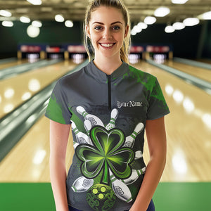 Custom Celtic Shamprock St Patricks Bowling Womens Quarter-Zip Shirt, Lucky Bowling Jerseys IPHW8590