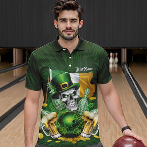 Custom Irish Flag St Patricks Day Bowling Polo Team Shirts For Men, Skull Leprechaun Bowling IPHW8594