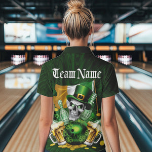 Custom Irish Flag St Patricks Day Bowling Polo Shirts For Women, Skull Leprechaun Bowling IPHW8594