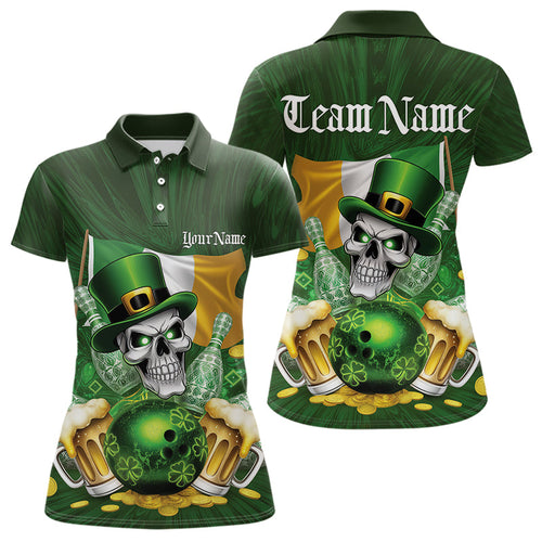 Custom Irish Flag St Patricks Day Bowling Polo Shirts For Women, Skull Leprechaun Bowling IPHW8594