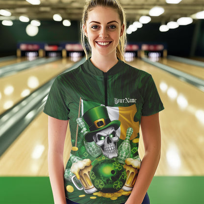 Custom Irish Flag St Patricks Bowling Quarter-Zip Shirt For Women, Skull Leprechaun Bowling IPHW8594
