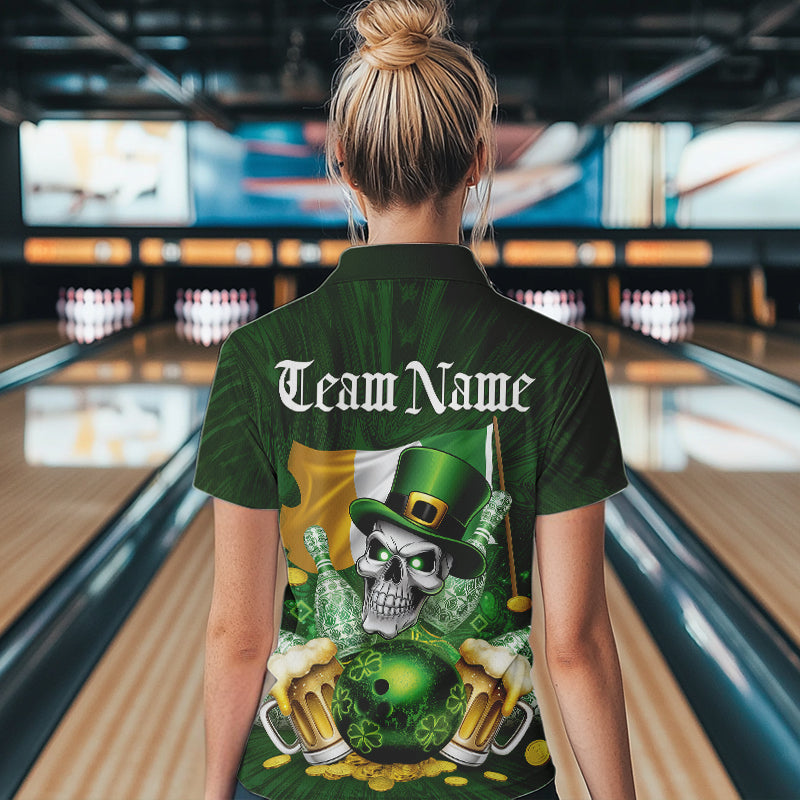 Custom Irish Flag St Patricks Bowling Quarter-Zip Shirt For Women, Skull Leprechaun Bowling IPHW8594