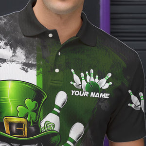 Custom Black And Green Lucky Clover St Patricks Day Skull Bowling Team Polo Shirts For Men IPHW8597