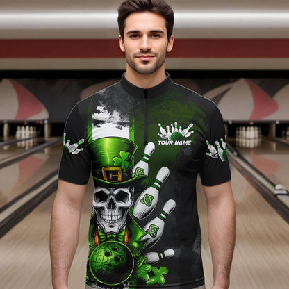 Custom Black And Green Lucky Clover St Patricks Day Skull Bowling Team Quarter-Zip Shirts For Men IPHW8597