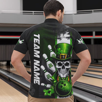 Custom Black And Green Lucky Clover St Patricks Day Skull Bowling Team Quarter-Zip Shirts For Men IPHW8597