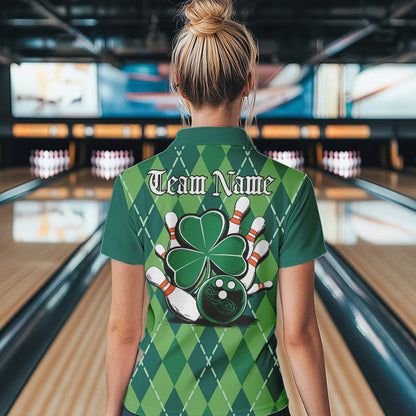 Custom Green Shamprock Saint Patricks Bowling Polo Shirts For Women, Lucky Bowling Shirt IPHW8598