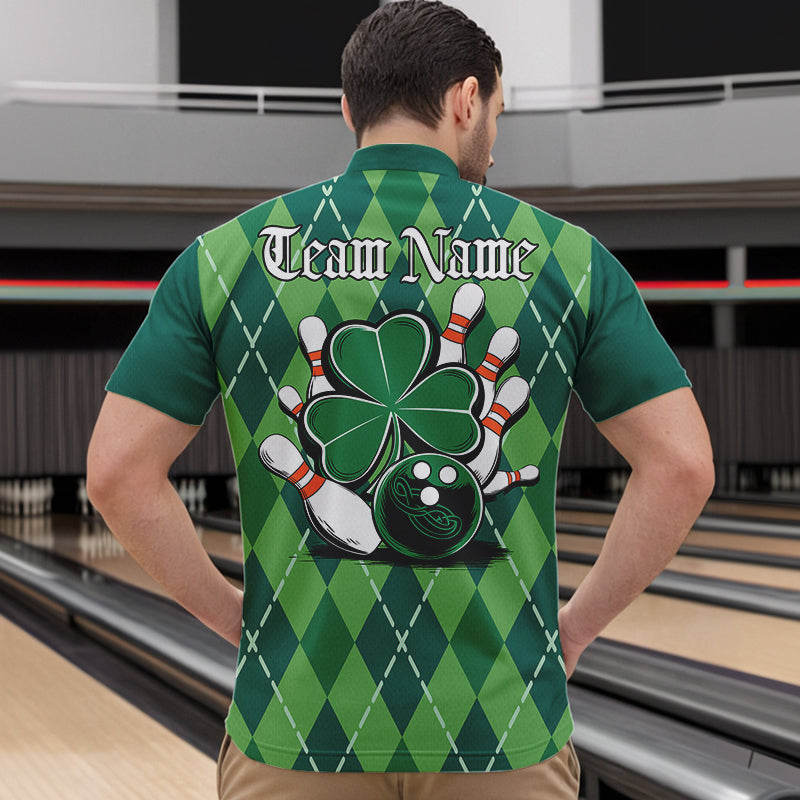Custom Green Shamprock Saint Patricks Bowling Quarter-Zip Shirts For Men, Lucky Bowling Team Shirt IPHW8598