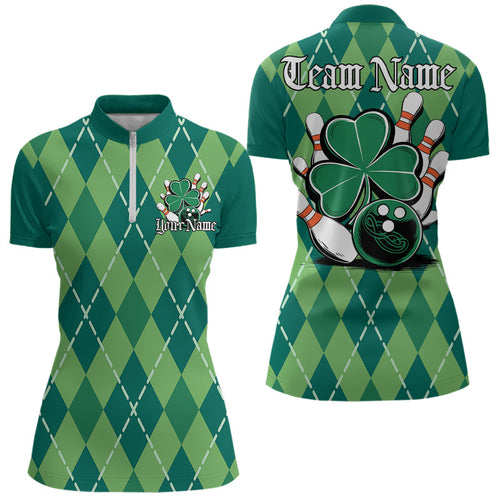 Custom Green Shamprock Saint Patricks Bowling Womens Quarter-Zip Shirt, Lucky Bowling Shirt IPHW8598