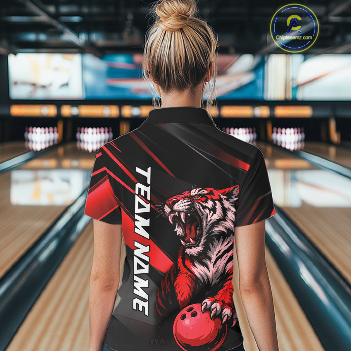 Custom Black And Red Tiger Bowling Team Women Shirt, Bowling League Shirt Bowler Uniform IPHW10775