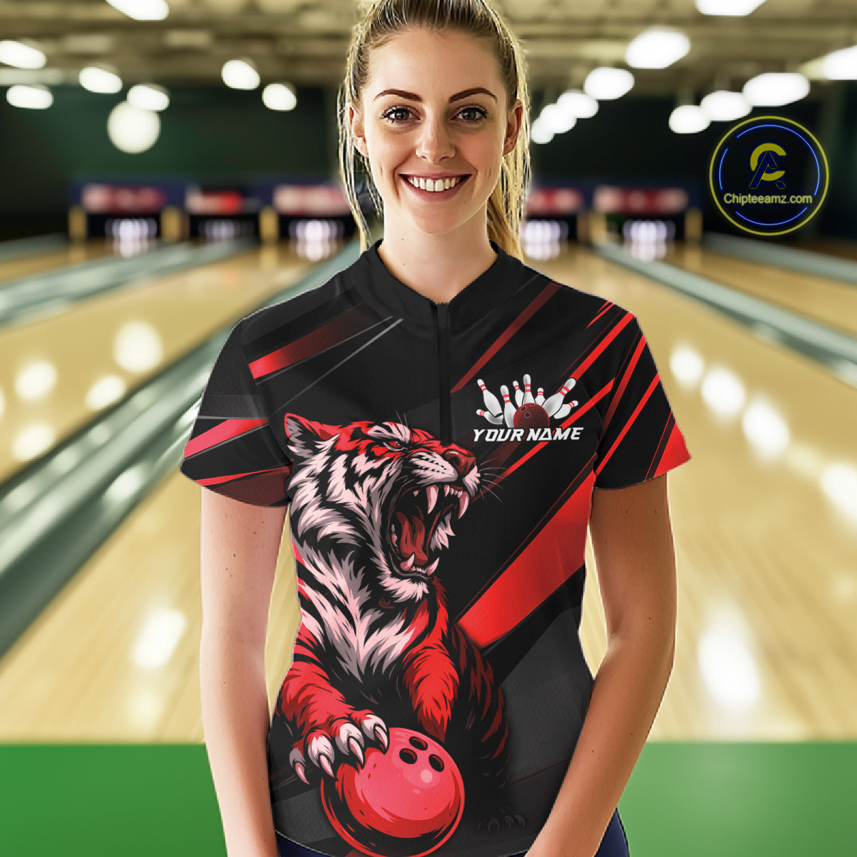 Custom Black And Red Tiger Bowling Team Women Shirt, Bowling League Shirt Bowler Uniform IPHW10775
