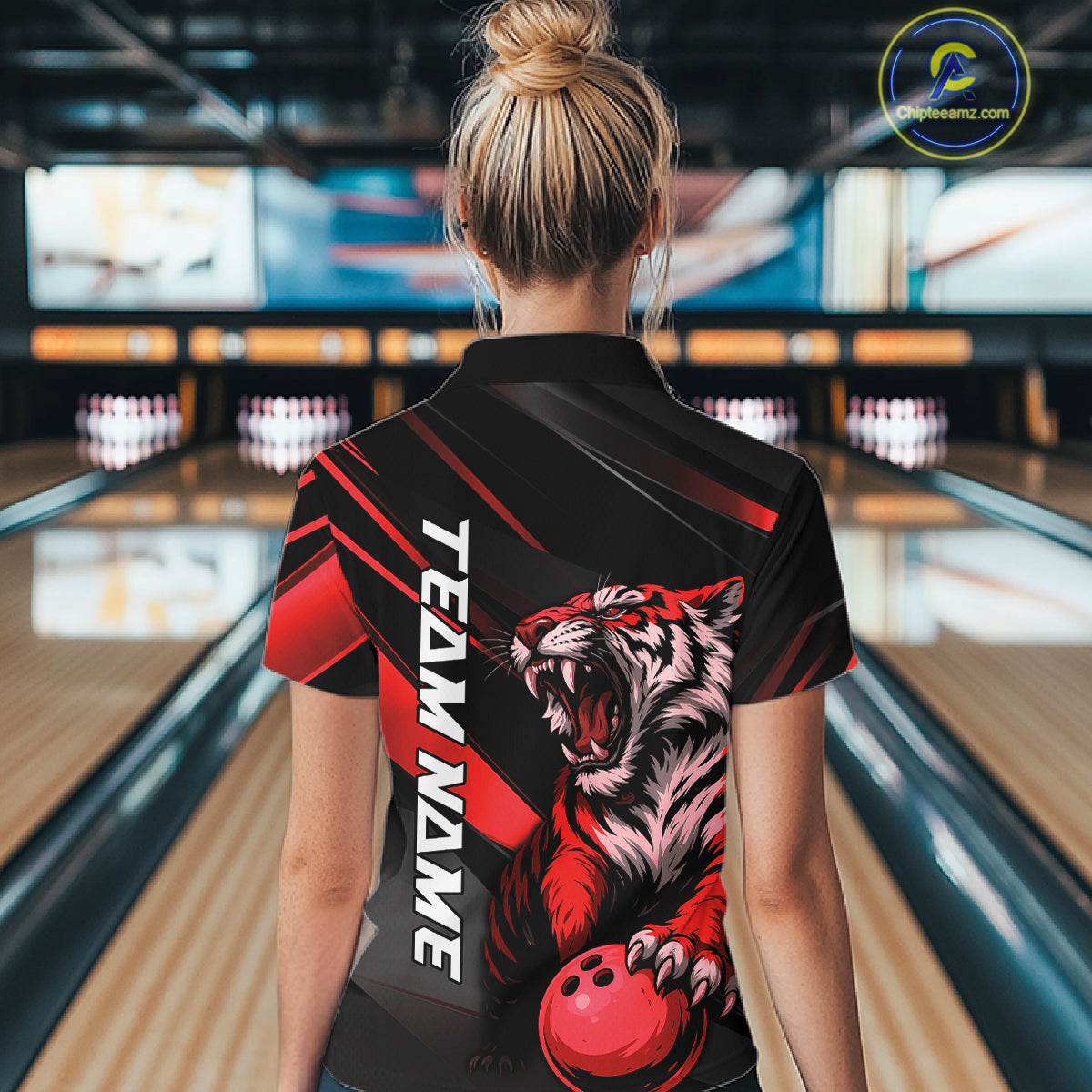 Custom Black And Red Tiger Bowling Team Women Shirt, Bowling League Shirt Bowler Uniform IPHW10775