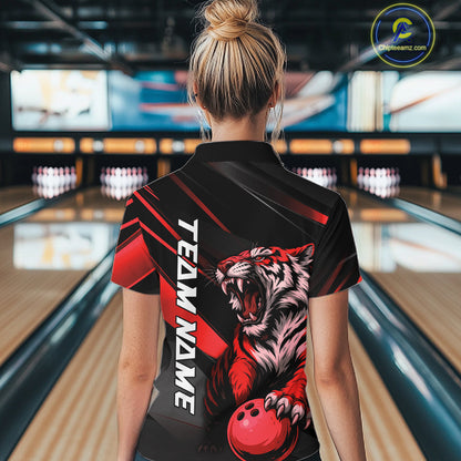 Custom Black And Red Tiger Bowling Team Women Shirt, Bowling League Shirt Bowler Uniform IPHW10775