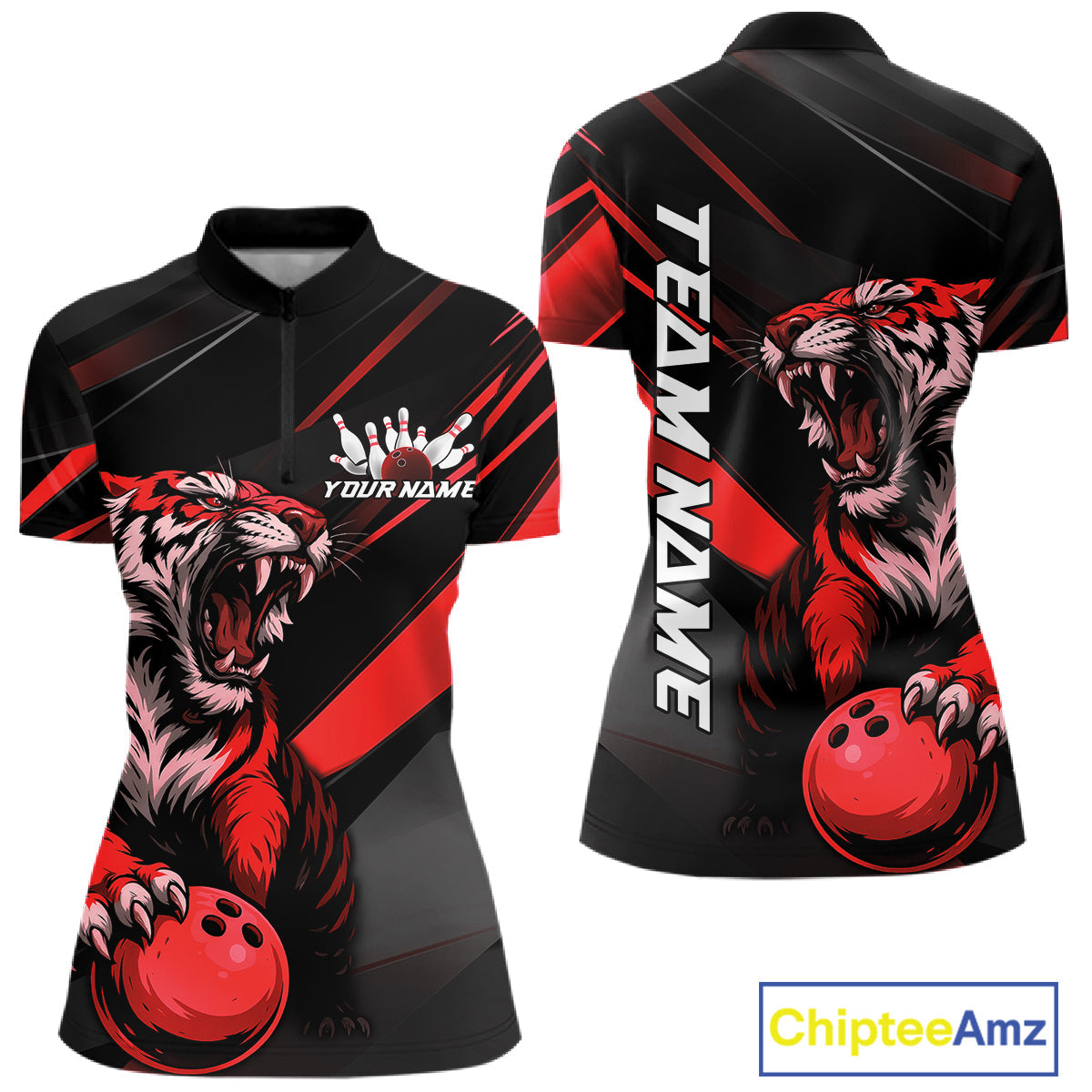 Custom Black And Red Tiger Bowling Team Women Shirt, Bowling League Shirt Bowler Uniform IPHW10775