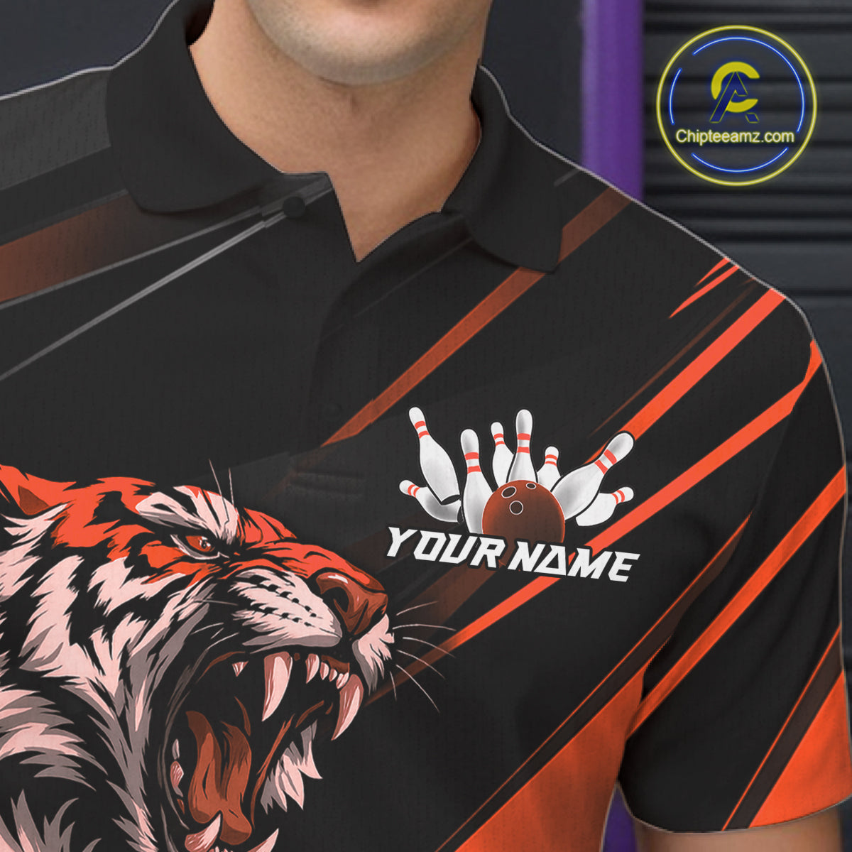 Custom Black And Orange Tiger Bowling Team Men Shirt, Bowling League Shirt Bowler Uniform IPHW10776