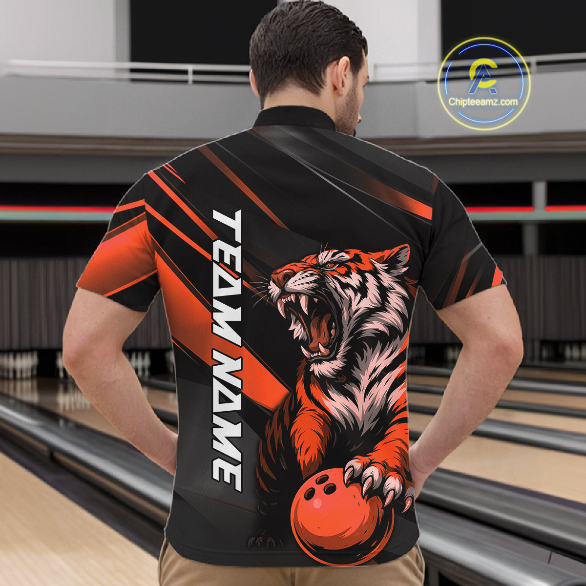 Custom Black And Orange Tiger Bowling Team Men Shirt, Bowling League Shirt Bowler Uniform IPHW10776