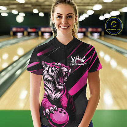 Custom Black And Pink Tiger Bowling Women Shirt, Bowling League Shirt Bowler Uniform IPHW10777