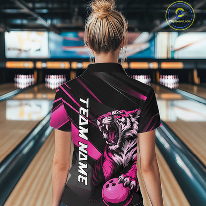 Custom Black And Pink Tiger Bowling Women Shirt, Bowling League Shirt Bowler Uniform IPHW10777