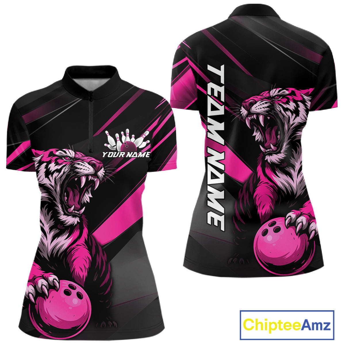 Custom Black And Pink Tiger Bowling Women Shirt, Bowling League Shirt Bowler Uniform IPHW10777