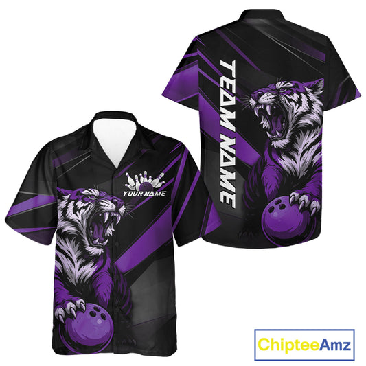 Custom Black And Purple Tiger Bowling Team Men And Women Shirt, Bowling League Shirt Bowler Uniform IPHW10778