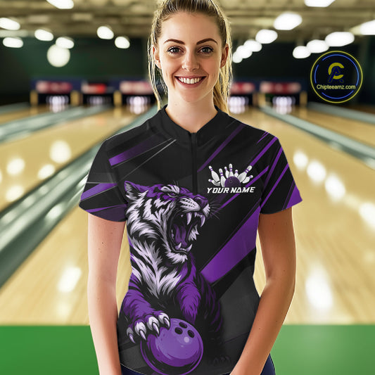 Custom Black And Purple Tiger Bowling Women Shirt, Bowling League Shirt Bowler Uniform IPHW10778