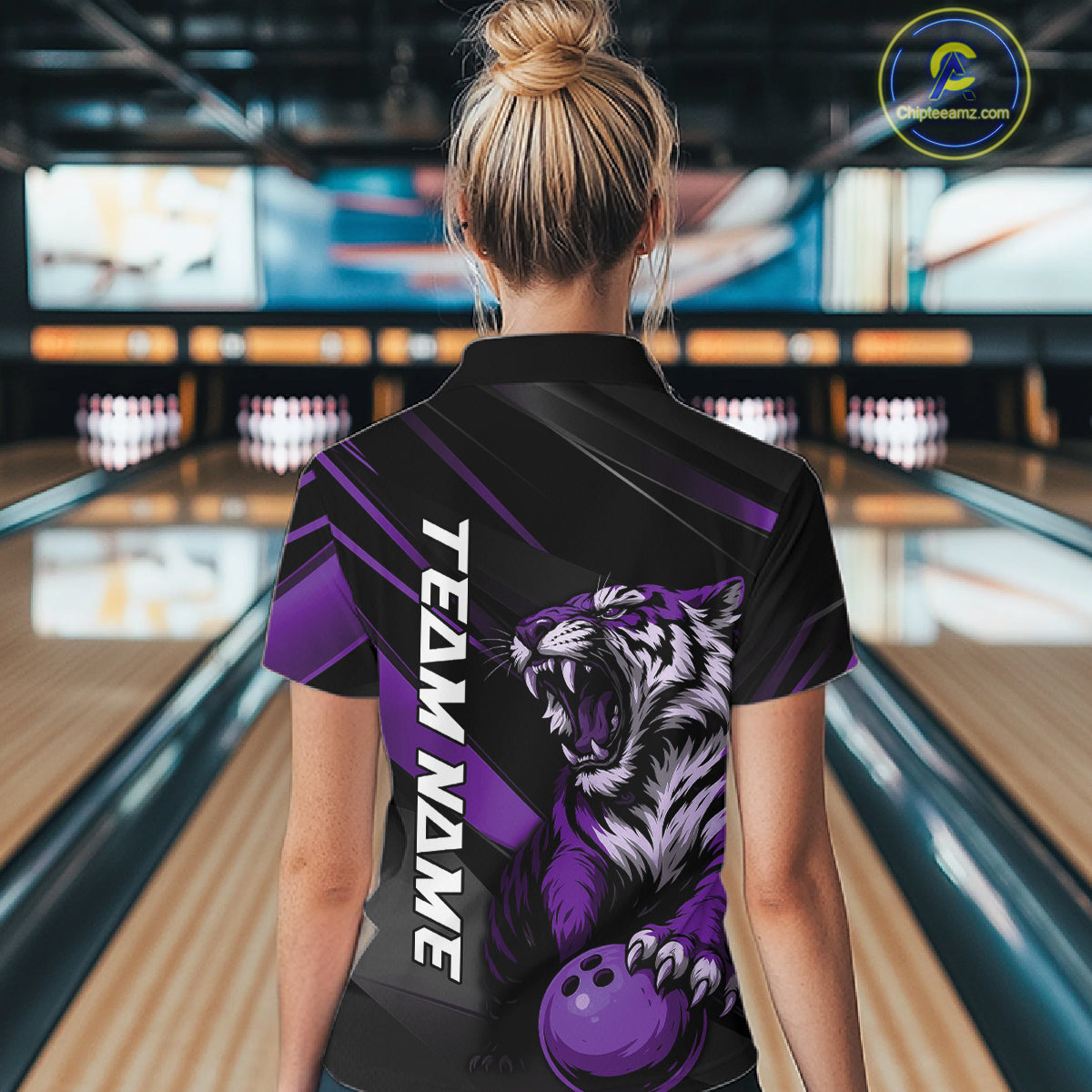 Custom Black And Purple Tiger Bowling Women Shirt, Bowling League Shirt Bowler Uniform IPHW10778
