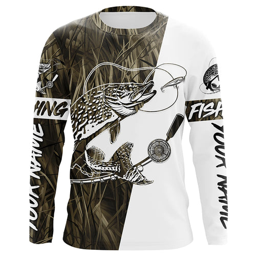 Custom Pike Fishing Tattoo Grass Camo Long Sleeve Tournament Fishing Shirts, Pike Fishing Jerseys IPHW6083