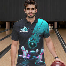 Load image into Gallery viewer, Custom Black And Blue Flame Bowling Polo Shirts For Men, Holographic Bowling League Shirt IPHW8902