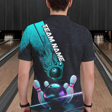 Load image into Gallery viewer, Custom Black And Blue Flame Bowling Polo Shirts For Men, Holographic Bowling League Shirt IPHW8902