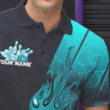 Load image into Gallery viewer, Custom Black And Blue Flame Bowling Polo Shirts For Men, Holographic Bowling League Shirt IPHW8902