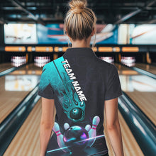 Load image into Gallery viewer, Custom Black And Blue Flame Bowling Polo Shirts For Women, Holographic Bowling League Shirt IPHW8902