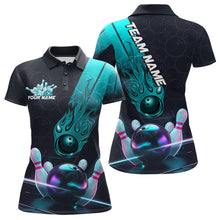 Load image into Gallery viewer, Custom Black And Blue Flame Bowling Polo Shirts For Women, Holographic Bowling League Shirt IPHW8902