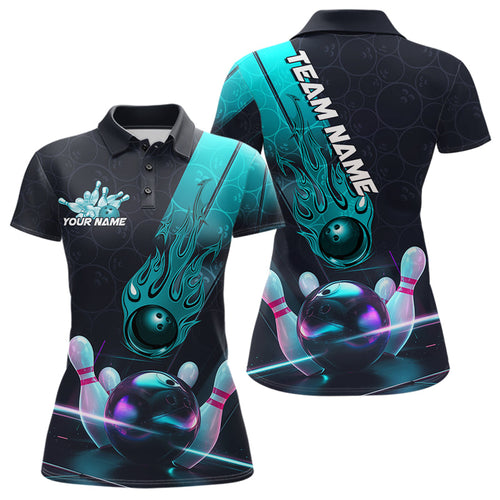 Custom Black And Blue Flame Bowling Polo Shirts For Women, Holographic Bowling League Shirt IPHW8902